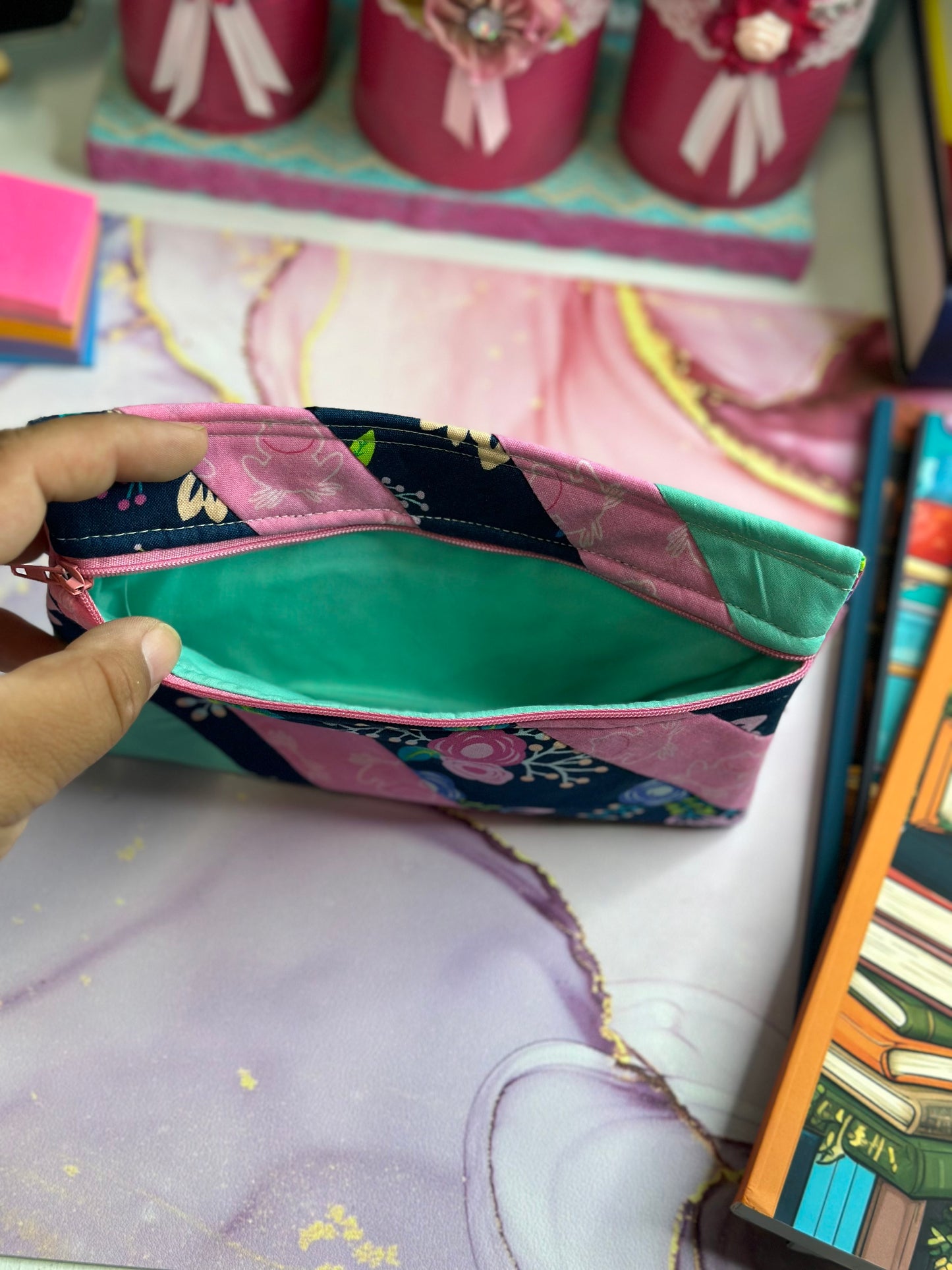 Hand-Made Quilted Floral and Pink Froggy Pencil pouch