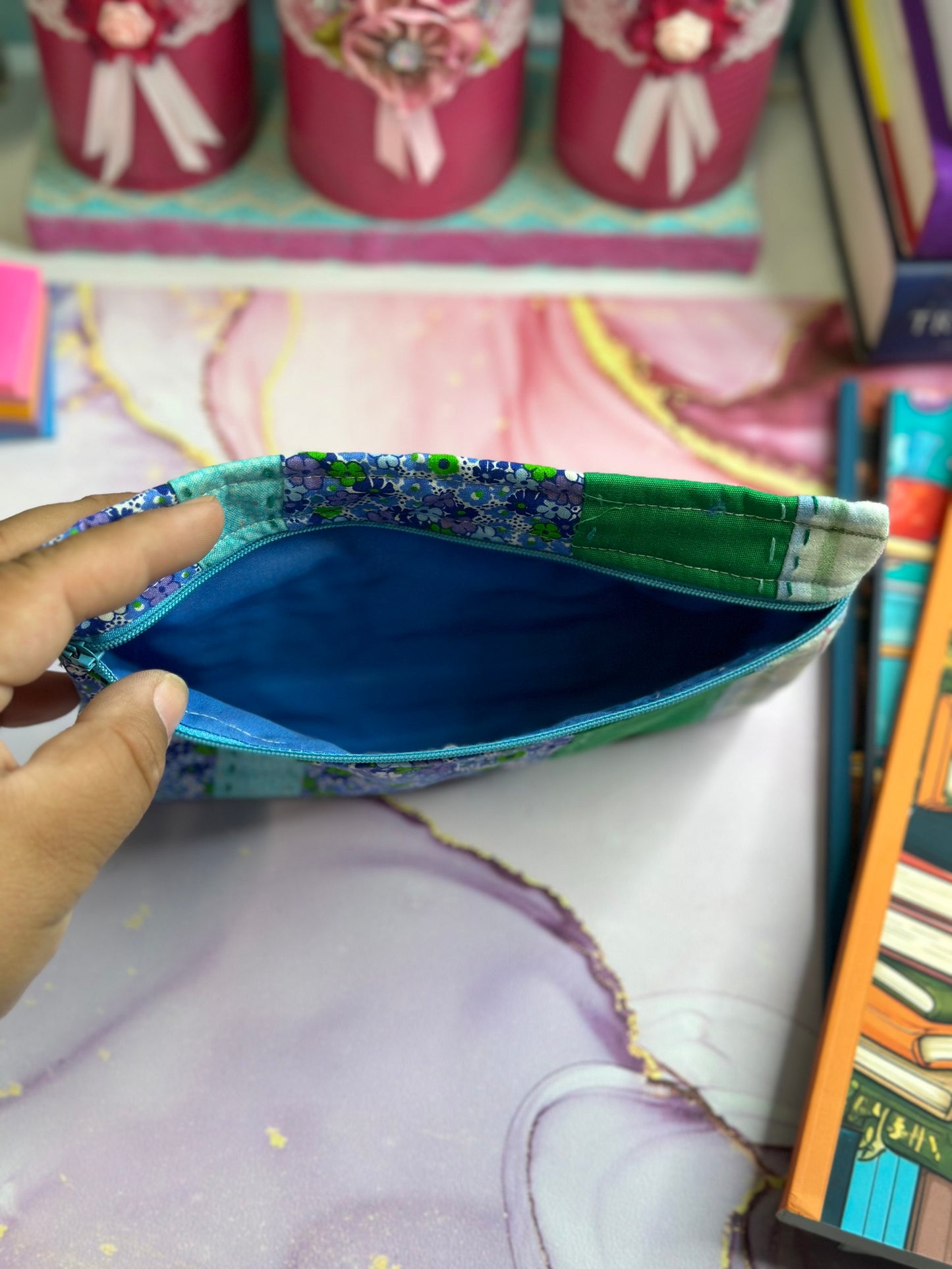 Hand-Made Quilted Blue Floral Pencil pouch