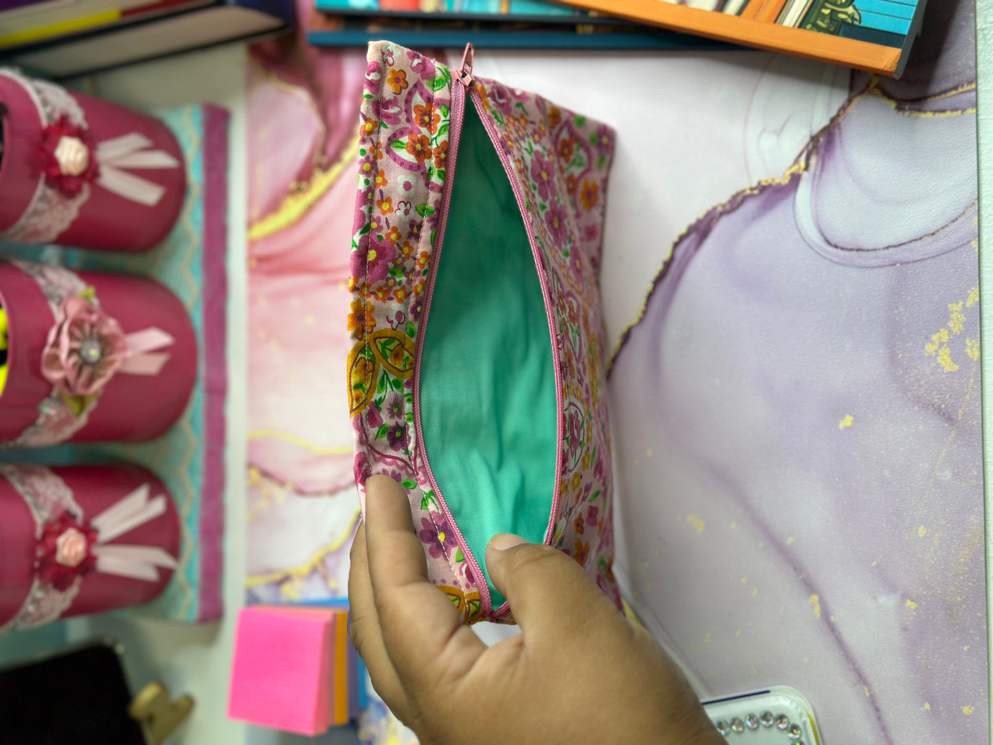 Hand-Made Pink Floral Pencil Pouch